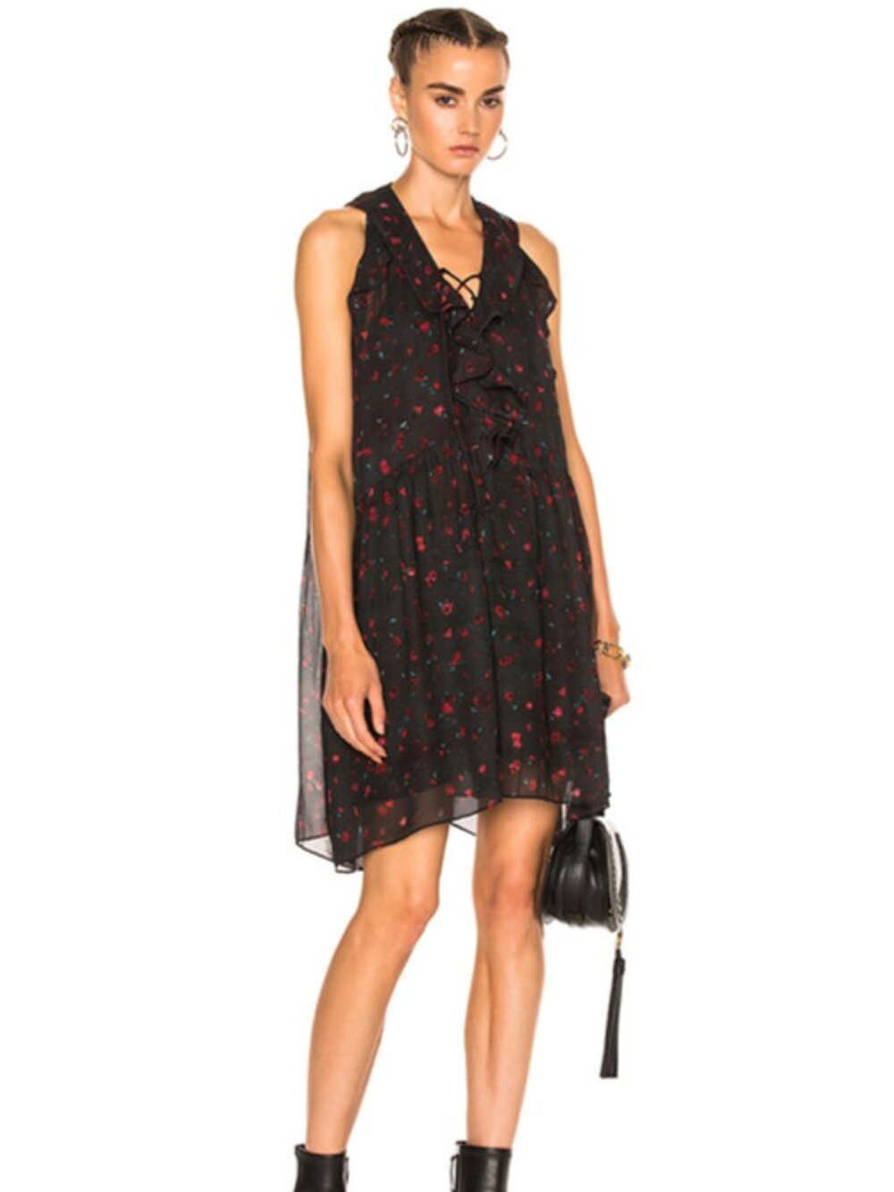 NWT $410 IRO JAYSAN Black Flower Chiffon Ruffle Swing Dress